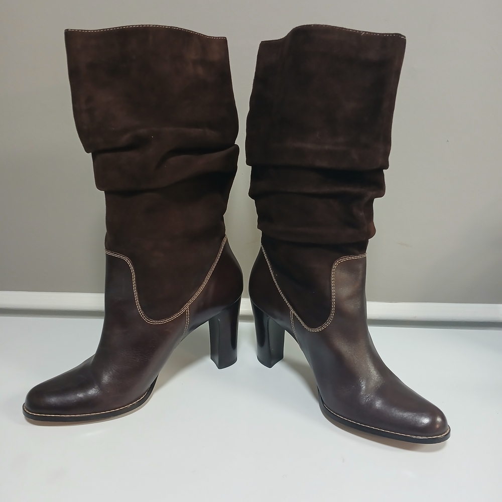 Chocolate Brown Suede & Leather Stacked Heel Mid Calf Boots 10M - Picture 5 of 12